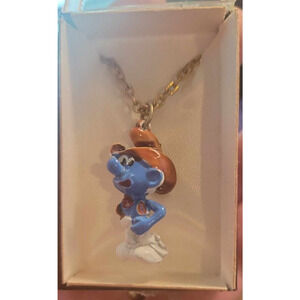 Vintage Smurf Cowboy Necklace Pendant Chain Collectible